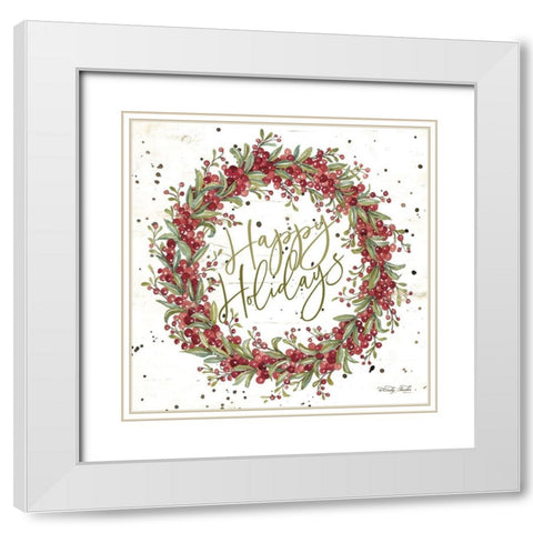 Happy Holidays Berry Wreath White Modern Wood Framed Art Print with Double Matting by Jacobs, Cindy