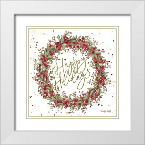 Happy Holidays Berry Wreath White Modern Wood Framed Art Print with Double Matting by Jacobs, Cindy