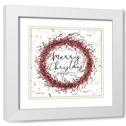 Merry Christmas Berry Wreath White Modern Wood Framed Art Print with Double Matting by Jacobs, Cindy