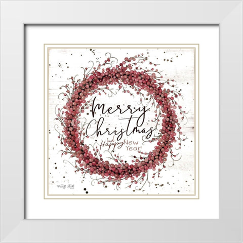 Merry Christmas Berry Wreath White Modern Wood Framed Art Print with Double Matting by Jacobs, Cindy