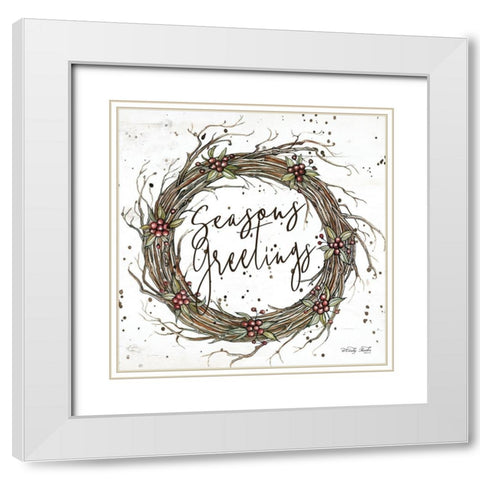 Seasons Greetings Wreath White Modern Wood Framed Art Print with Double Matting by Jacobs, Cindy
