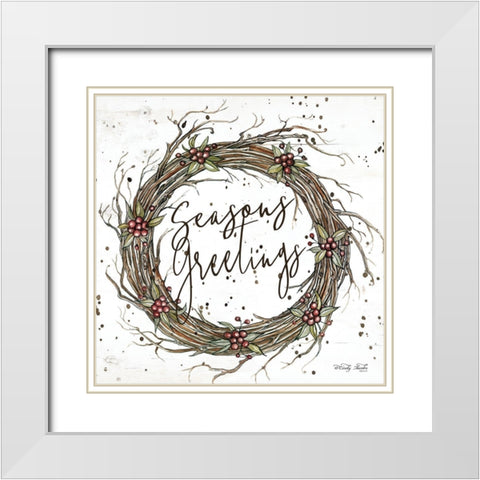 Seasons Greetings Wreath White Modern Wood Framed Art Print with Double Matting by Jacobs, Cindy
