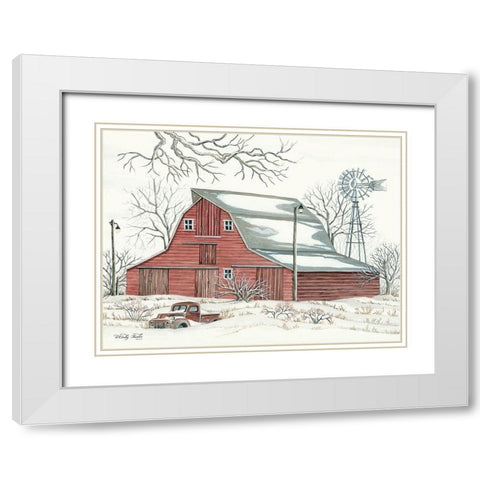 Winter Barn with Pickup Truck White Modern Wood Framed Art Print with Double Matting by Jacobs, Cindy