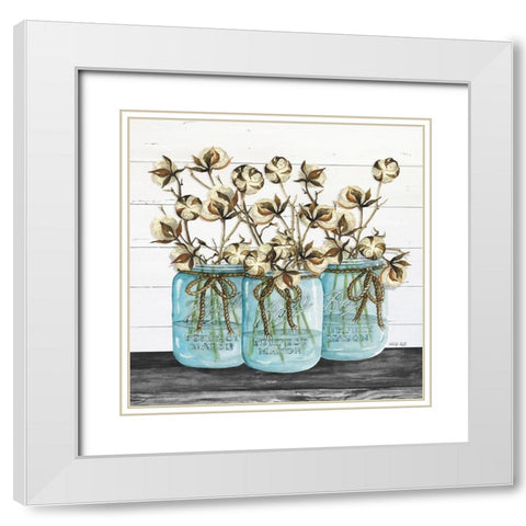 Blue Jars - Cotton Stems White Modern Wood Framed Art Print with Double Matting by Jacobs, Cindy