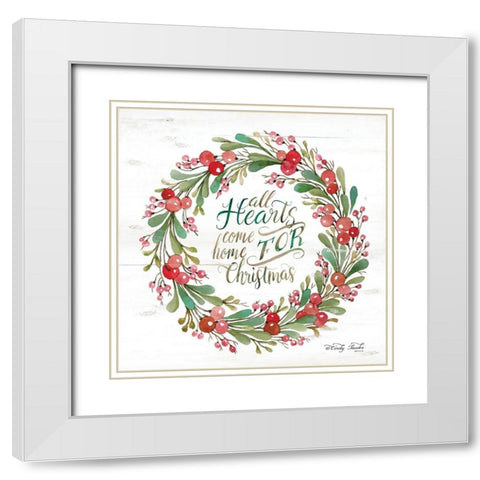 All Hearts Come Home for Christmas Berry Wreath White Modern Wood Framed Art Print with Double Matting by Jacobs, Cindy