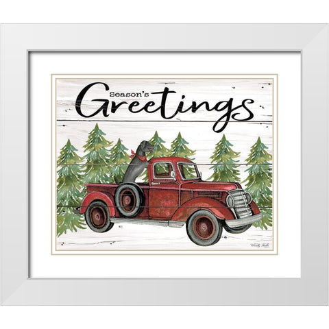 Seasons Greetings Red Truck White Modern Wood Framed Art Print with Double Matting by Jacobs, Cindy