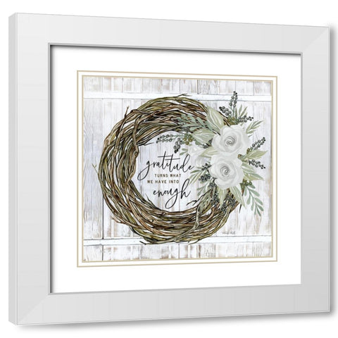 Gratitude Wreath White Modern Wood Framed Art Print with Double Matting by Jacobs, Cindy