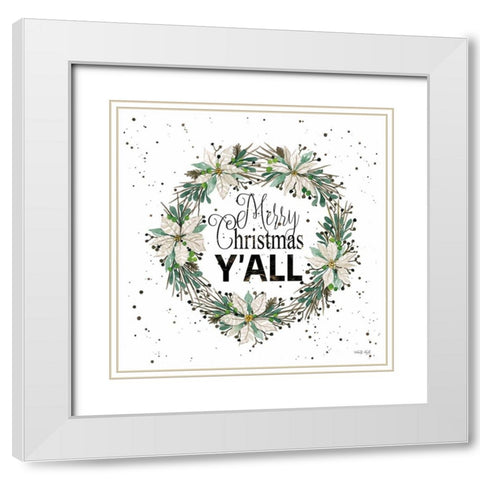 Merry Christmas Yall Wreath  White Modern Wood Framed Art Print with Double Matting by Jacobs, Cindy
