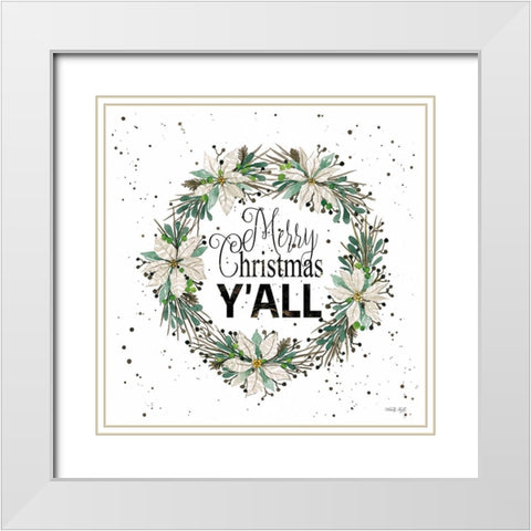 Merry Christmas Yall Wreath  White Modern Wood Framed Art Print with Double Matting by Jacobs, Cindy