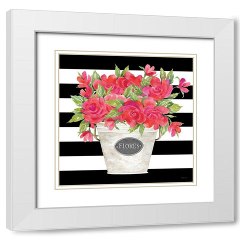 Fuchsia Flores Stripes White Modern Wood Framed Art Print with Double Matting by Jacobs, Cindy