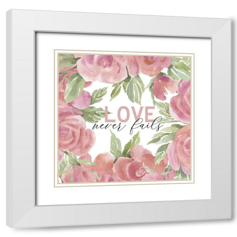 Love Never Fails White Modern Wood Framed Art Print with Double Matting by Jacobs, Cindy