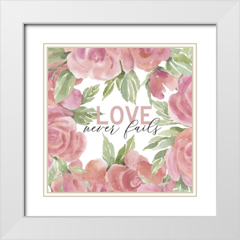 Love Never Fails White Modern Wood Framed Art Print with Double Matting by Jacobs, Cindy