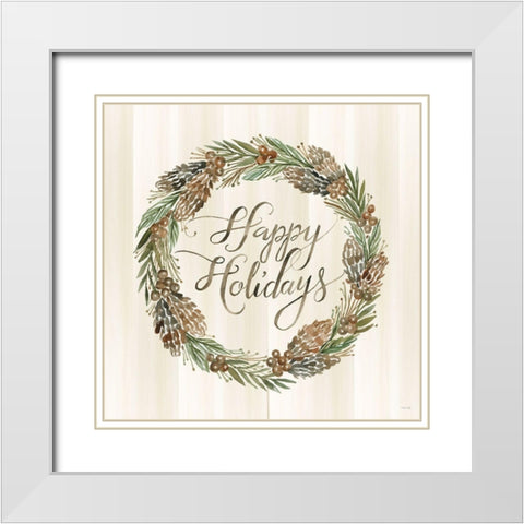 Sage Happy Holidays Wreath White Modern Wood Framed Art Print with Double Matting by Jacobs, Cindy