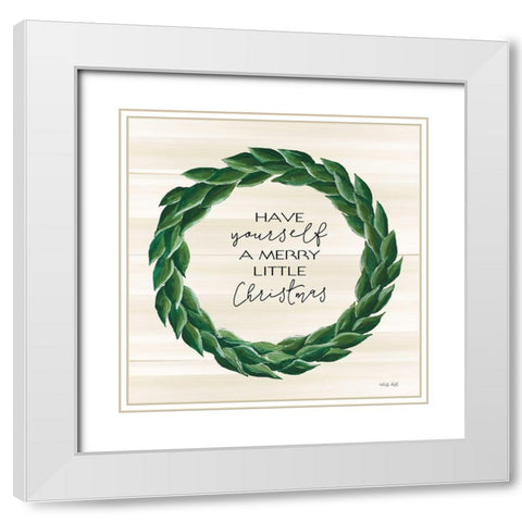 Merry Little Christmas Wreath White Modern Wood Framed Art Print with Double Matting by Jacobs, Cindy