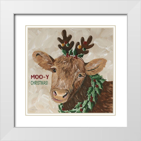 Moo-y Christmas White Modern Wood Framed Art Print with Double Matting by Jacobs, Cindy