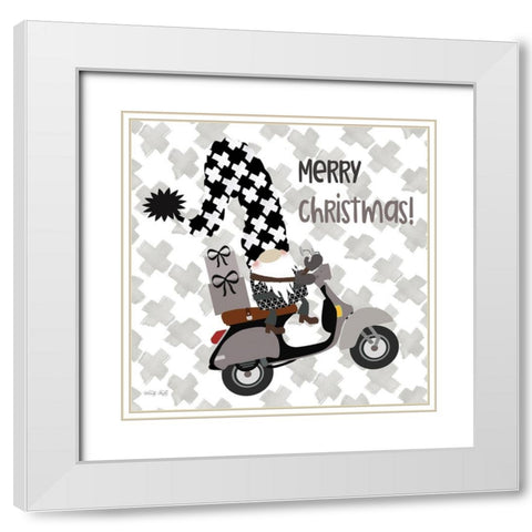 Gnome Gift Delivery   White Modern Wood Framed Art Print with Double Matting by Jacobs, Cindy