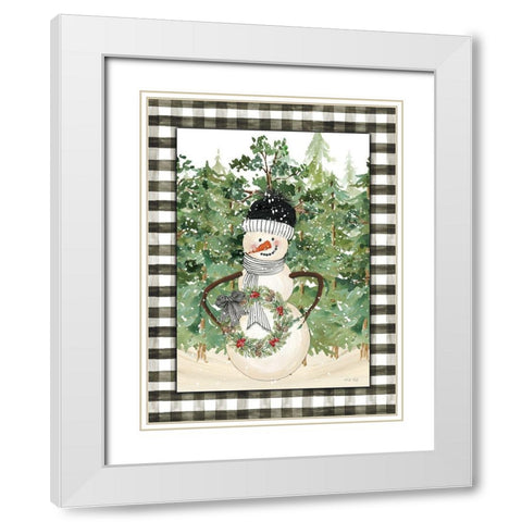 Snowman with Wreath   White Modern Wood Framed Art Print with Double Matting by Jacobs, Cindy