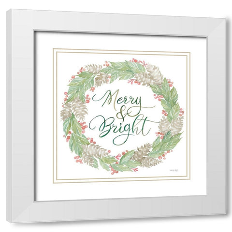 Merry And Bright Wreath White Modern Wood Framed Art Print with Double Matting by Jacobs, Cindy
