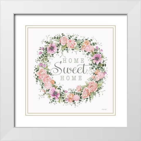 Home Sweet Home Floral Wreath White Modern Wood Framed Art Print with Double Matting by Jacobs, Cindy