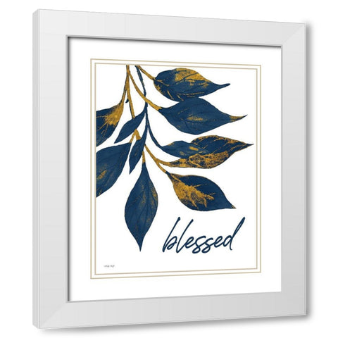 Blessed Navy Gold Leaves White Modern Wood Framed Art Print with Double Matting by Jacobs, Cindy