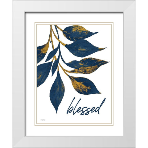 Blessed Navy Gold Leaves White Modern Wood Framed Art Print with Double Matting by Jacobs, Cindy