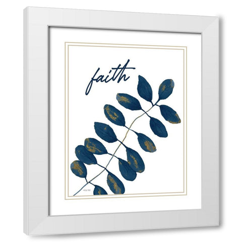 Faith Navy Gold Leaves White Modern Wood Framed Art Print with Double Matting by Jacobs, Cindy