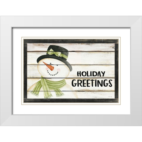 Holiday Greetings Snowman White Modern Wood Framed Art Print with Double Matting by Jacobs, Cindy