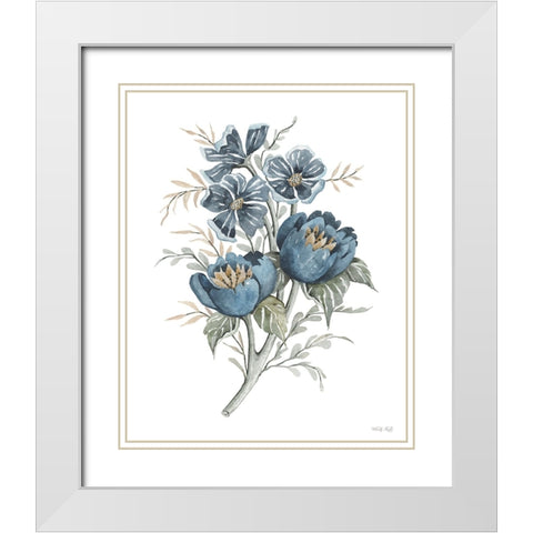 Blue Botanical Peonies White Modern Wood Framed Art Print with Double Matting by Jacobs, Cindy