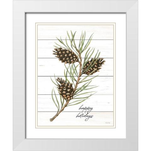 Happy Holidays Pine Cones White Modern Wood Framed Art Print with Double Matting by Jacobs, Cindy