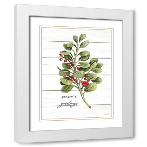 Seasons Greetings Greenery White Modern Wood Framed Art Print with Double Matting by Jacobs, Cindy