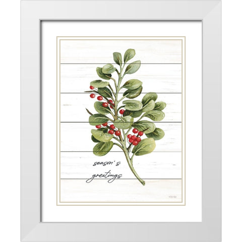 Seasons Greetings Greenery White Modern Wood Framed Art Print with Double Matting by Jacobs, Cindy