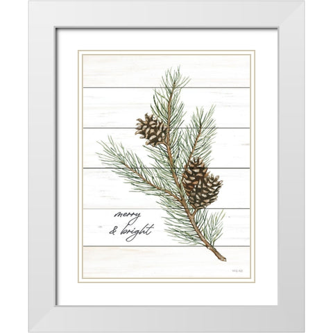 Merry And Bright Pine Cones White Modern Wood Framed Art Print with Double Matting by Jacobs, Cindy