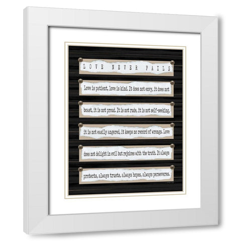 Love Never Fails I White Modern Wood Framed Art Print with Double Matting by Jacobs, Cindy