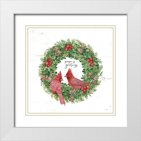 Seasons Greetings Cardinal Wreath White Modern Wood Framed Art Print with Double Matting by Jacobs, Cindy