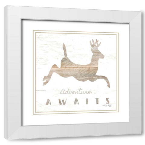 Adventure Awaits Deer White Modern Wood Framed Art Print with Double Matting by Jacobs, Cindy