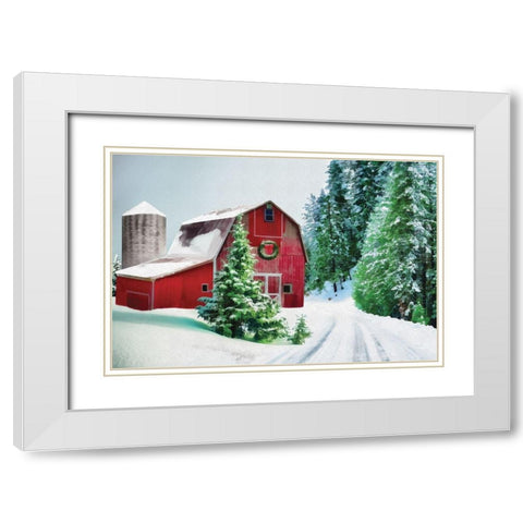 Winter Pines Red Barn White Modern Wood Framed Art Print with Double Matting by Dogwood Portfolio