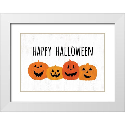 Happy Halloween Pumpkins White Modern Wood Framed Art Print with Double Matting by Dogwood Portfolio