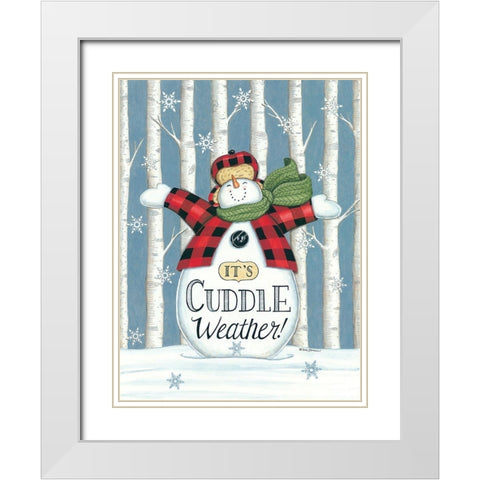 Cuddle Weather Snowman White Modern Wood Framed Art Print with Double Matting by Strain, Deb