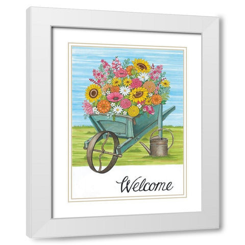 Welcome Wheelbarrow White Modern Wood Framed Art Print with Double Matting by Deb Strain