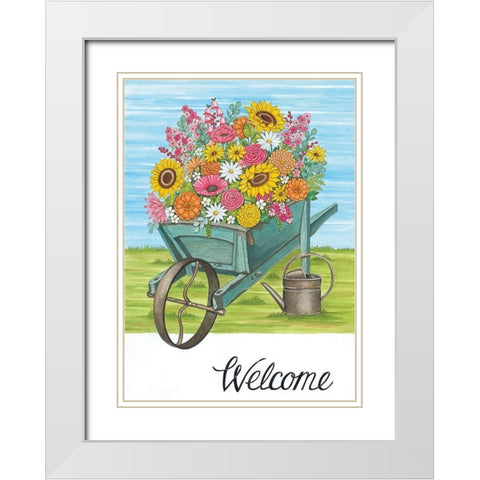 Welcome Wheelbarrow White Modern Wood Framed Art Print with Double Matting by Deb Strain