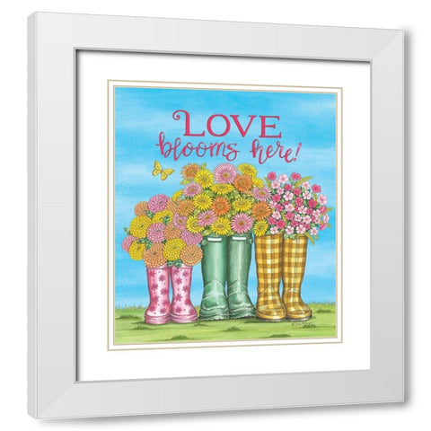 Love Blooms Here Wellies White Modern Wood Framed Art Print with Double Matting by Strain, Deb