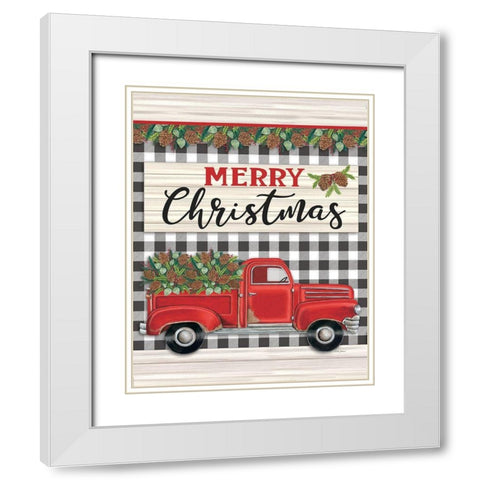 Merry Christmas Red Truck White Modern Wood Framed Art Print with Double Matting by Strain, Deb