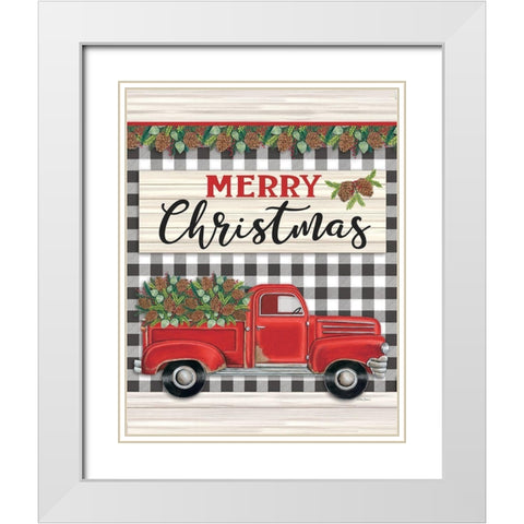 Merry Christmas Red Truck White Modern Wood Framed Art Print with Double Matting by Strain, Deb