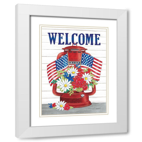 Welcome Patriotic Lantern White Modern Wood Framed Art Print with Double Matting by Strain, Deb