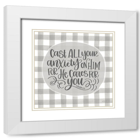 Cast All Your Anxiety On Him White Modern Wood Framed Art Print with Double Matting by Imperfect Dust