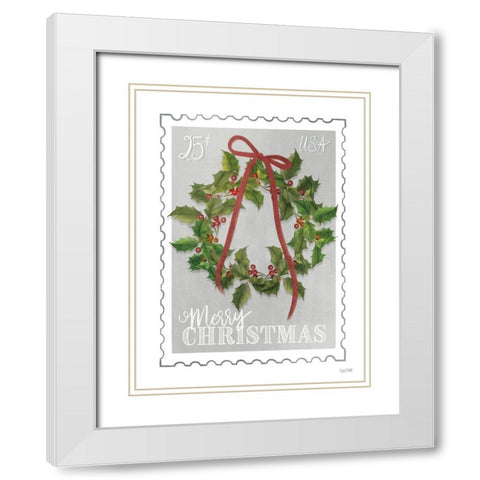Christmas Stamp Holly Wreath    White Modern Wood Framed Art Print with Double Matting by House Fenway