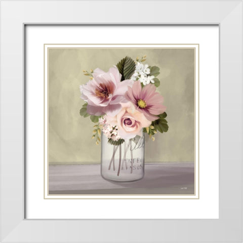 Pink Mason Jar Floral White Modern Wood Framed Art Print with Double Matting by House Fenway