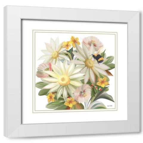 Sunny Floral and Bee White Modern Wood Framed Art Print with Double Matting by House Fenway