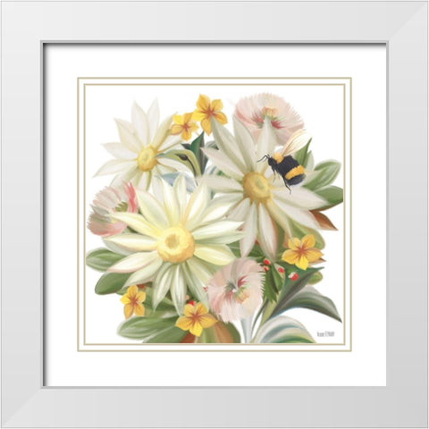 Sunny Floral and Bee White Modern Wood Framed Art Print with Double Matting by House Fenway