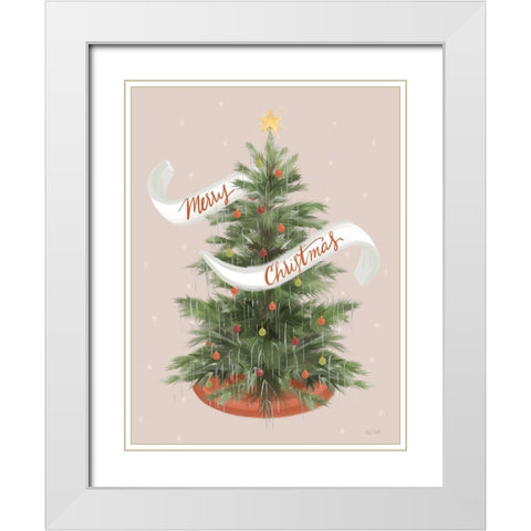 Merry Christmas Tinsel Tree White Modern Wood Framed Art Print with Double Matting by House Fenway